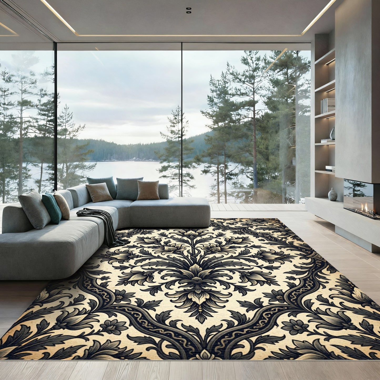Ornate Black Floral Damask Ivory Rug