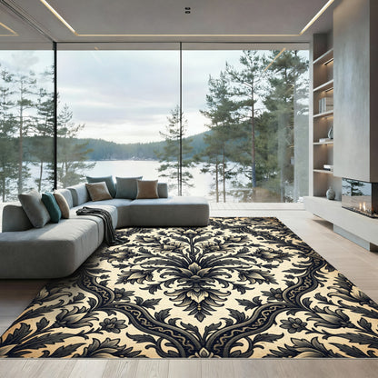 Ornate Black Floral Damask Ivory Rug