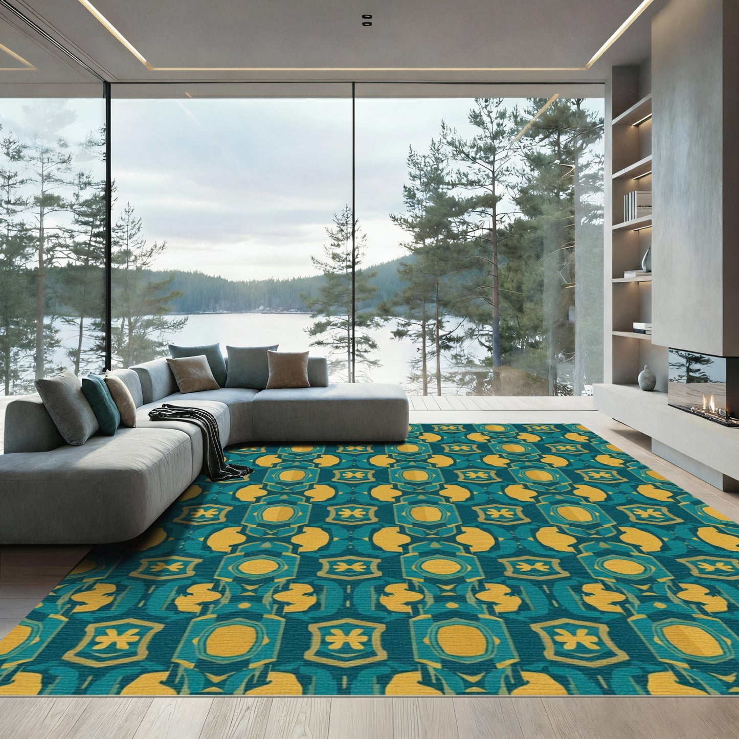 Teal And Gold Hexagonal Geometric Rug