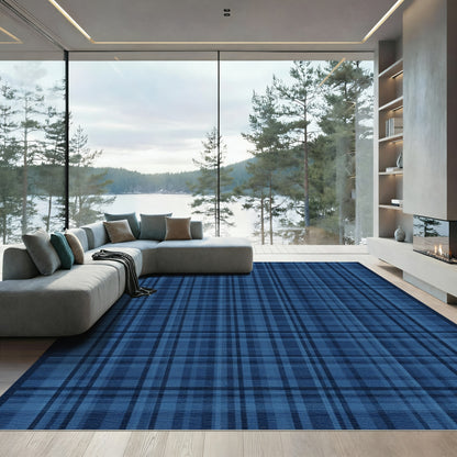 Deep Blue Plaid Grid Rug