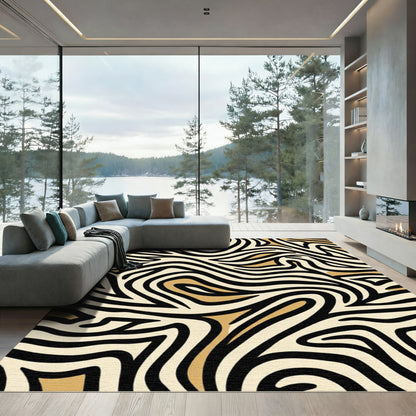 Cream Black Golden Swirl Animal Print Rug