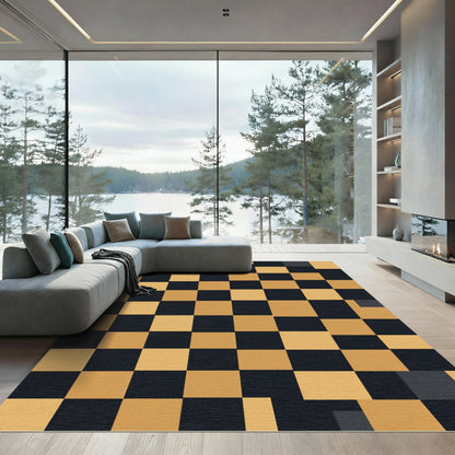 Modern Tan Black Checkerboard Squares Rug