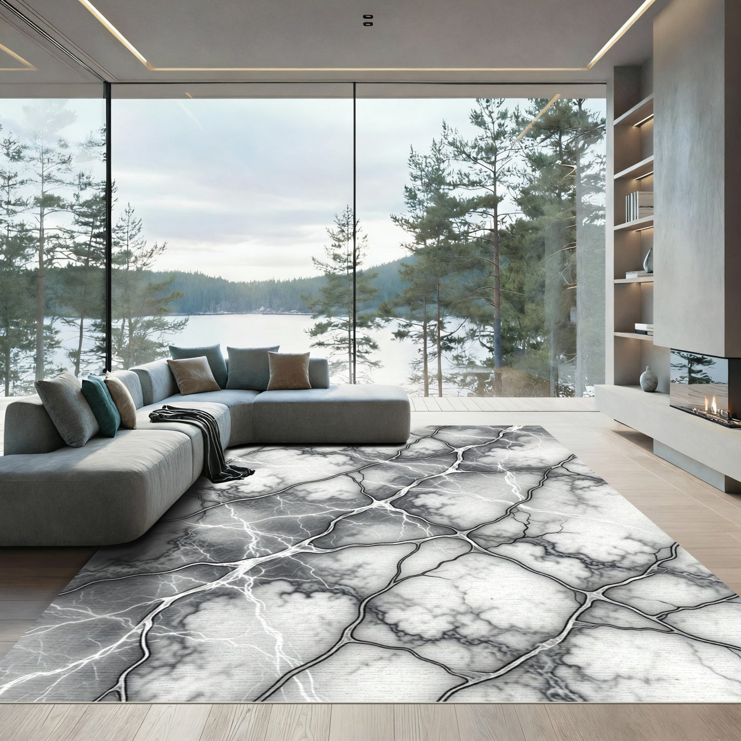 Monochrome Dark Lightning Abstract Marble Rug