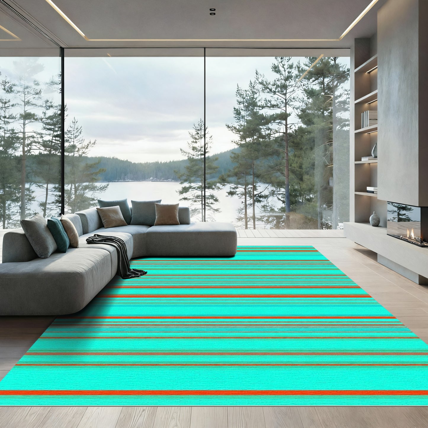 Vibrant Aqua Orange Horizontal Line Rug