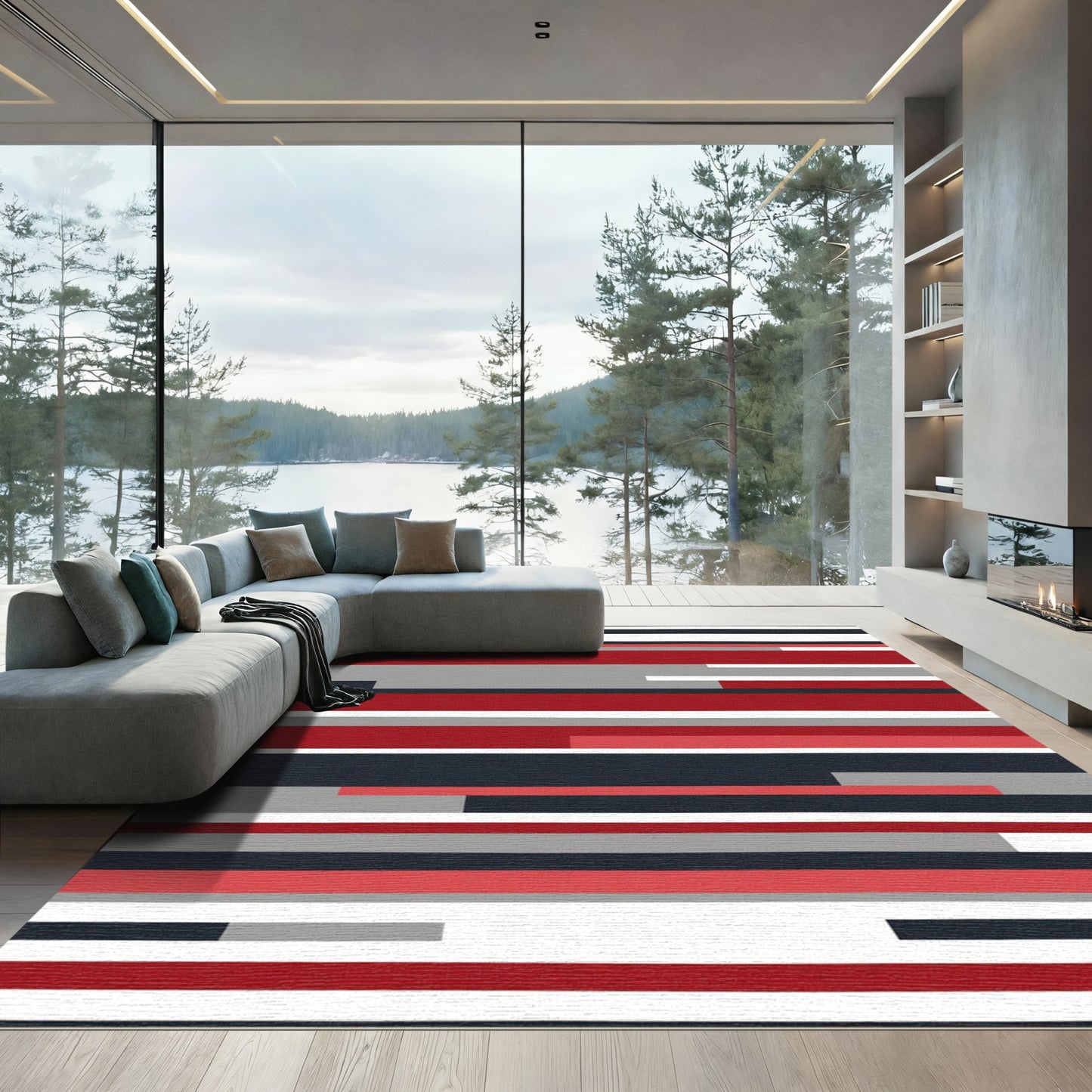 Modern Red Gray Horizontal Stripe Rug