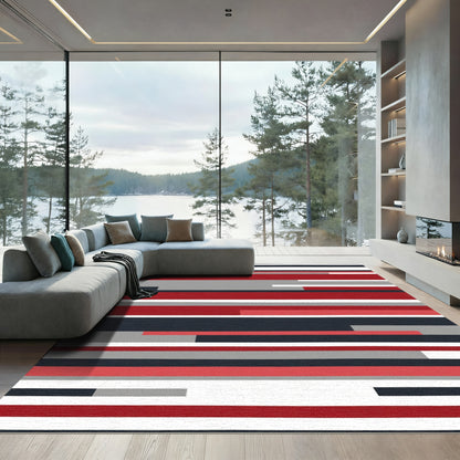 Modern Red Gray Horizontal Stripe Rug