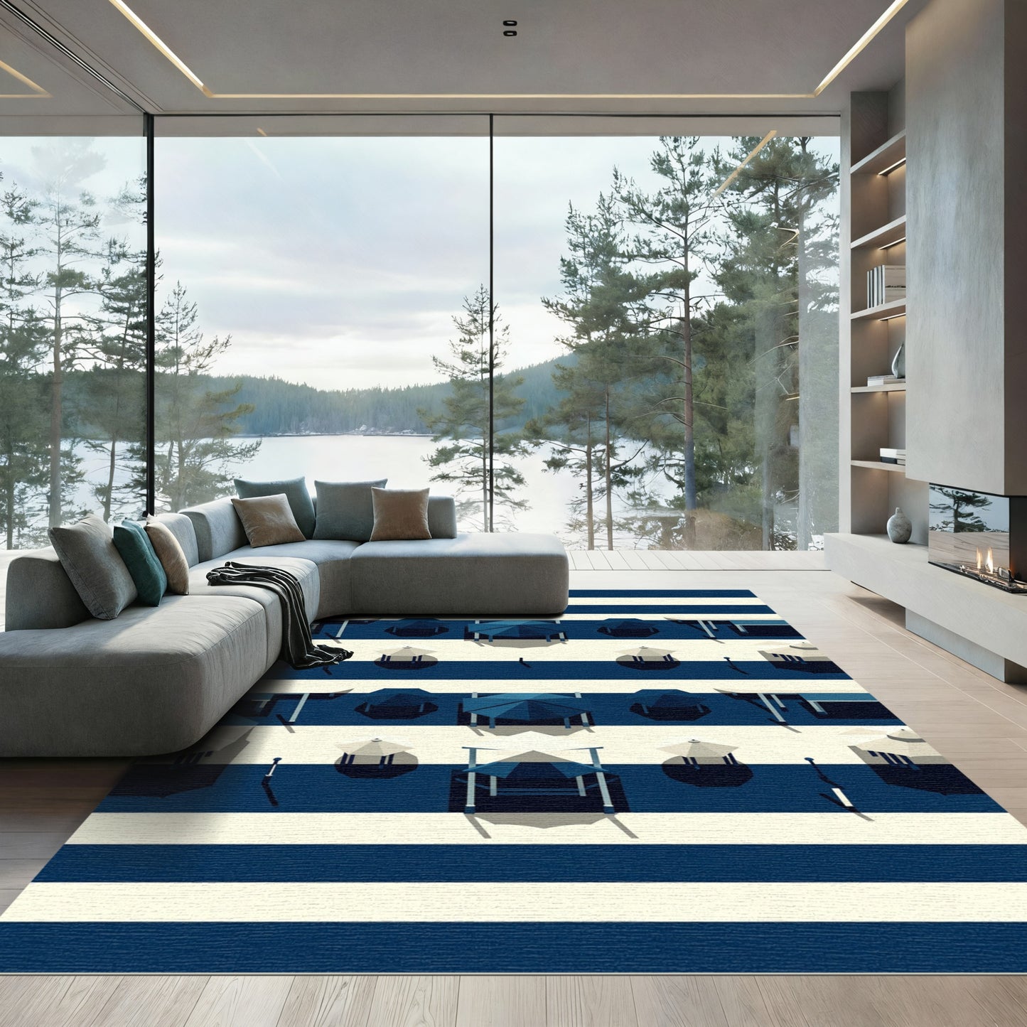 Modern Navy White Striped Geometric Gazebo Rug