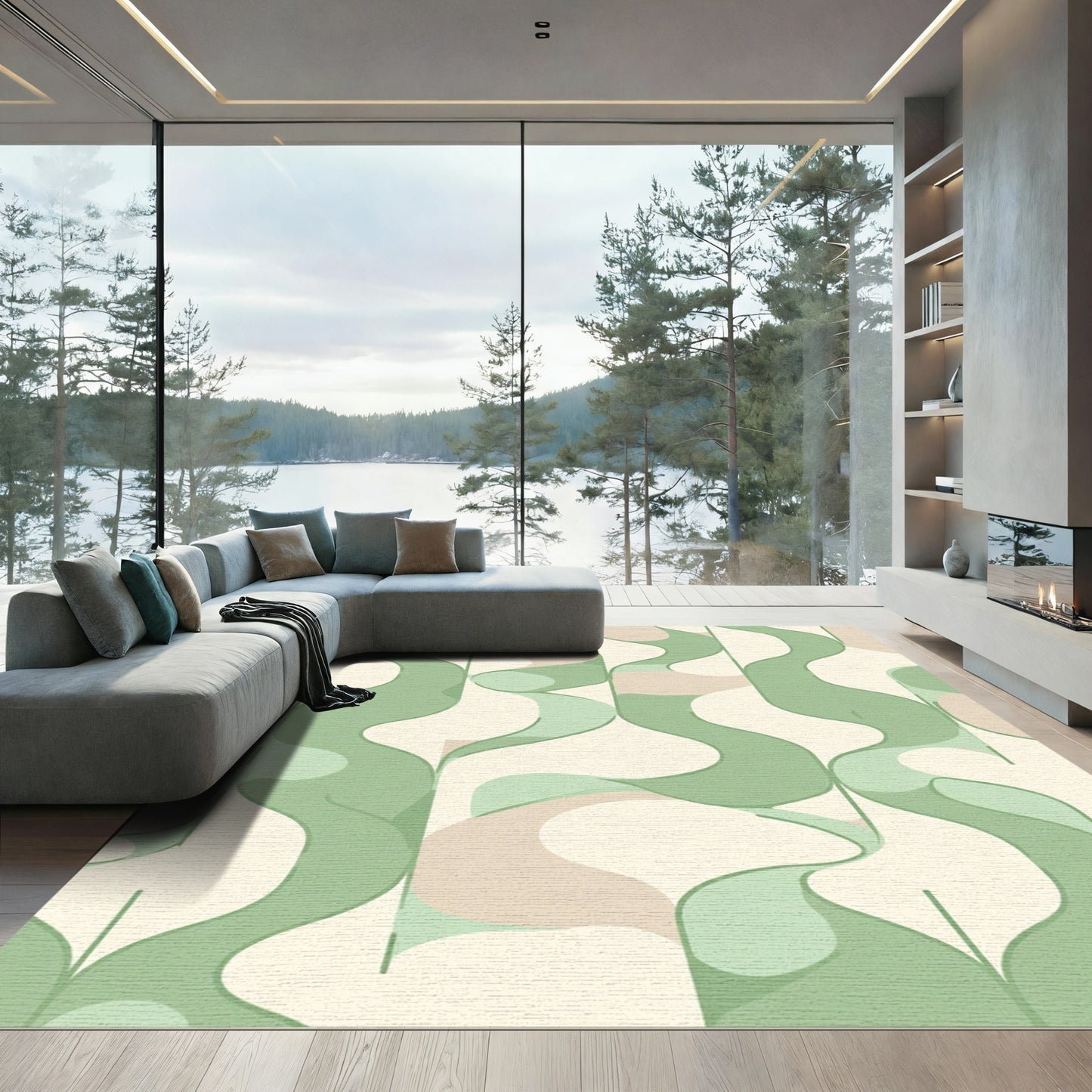 Soft Green Abstract Flowing Shapes Rug