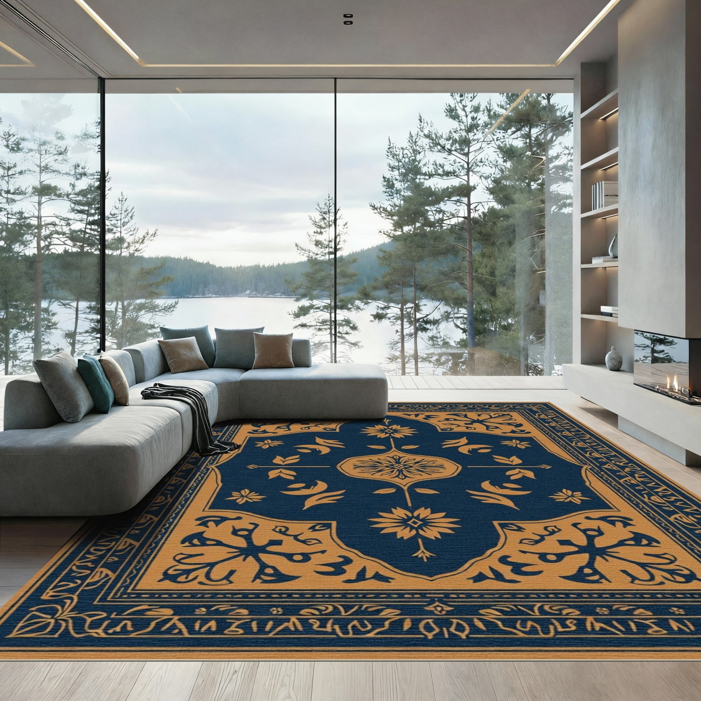 Navy Blue Golden Floral Medallion Rug