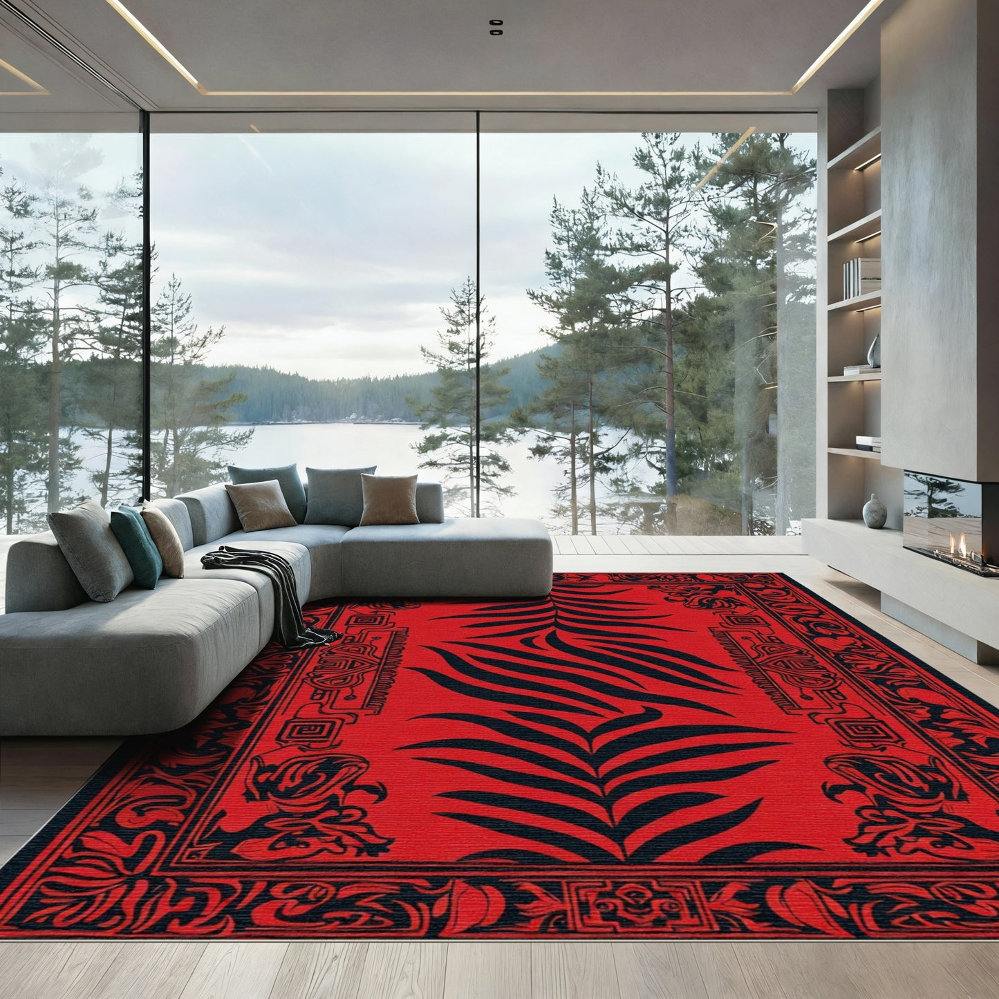 Bold Red Tribal Fern Rug