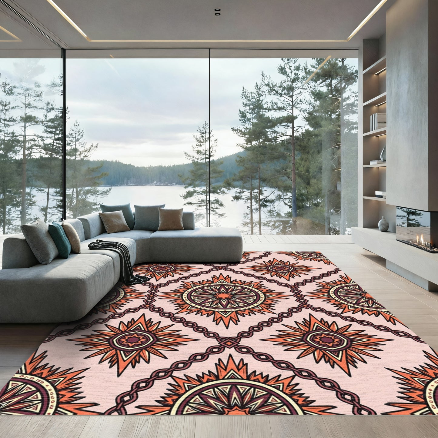 Warm Orange Sunburst Medallion Chain Rug
