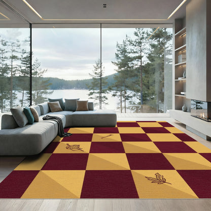 Burgundy Gold Checkerboard Quidditch Symbols Rug