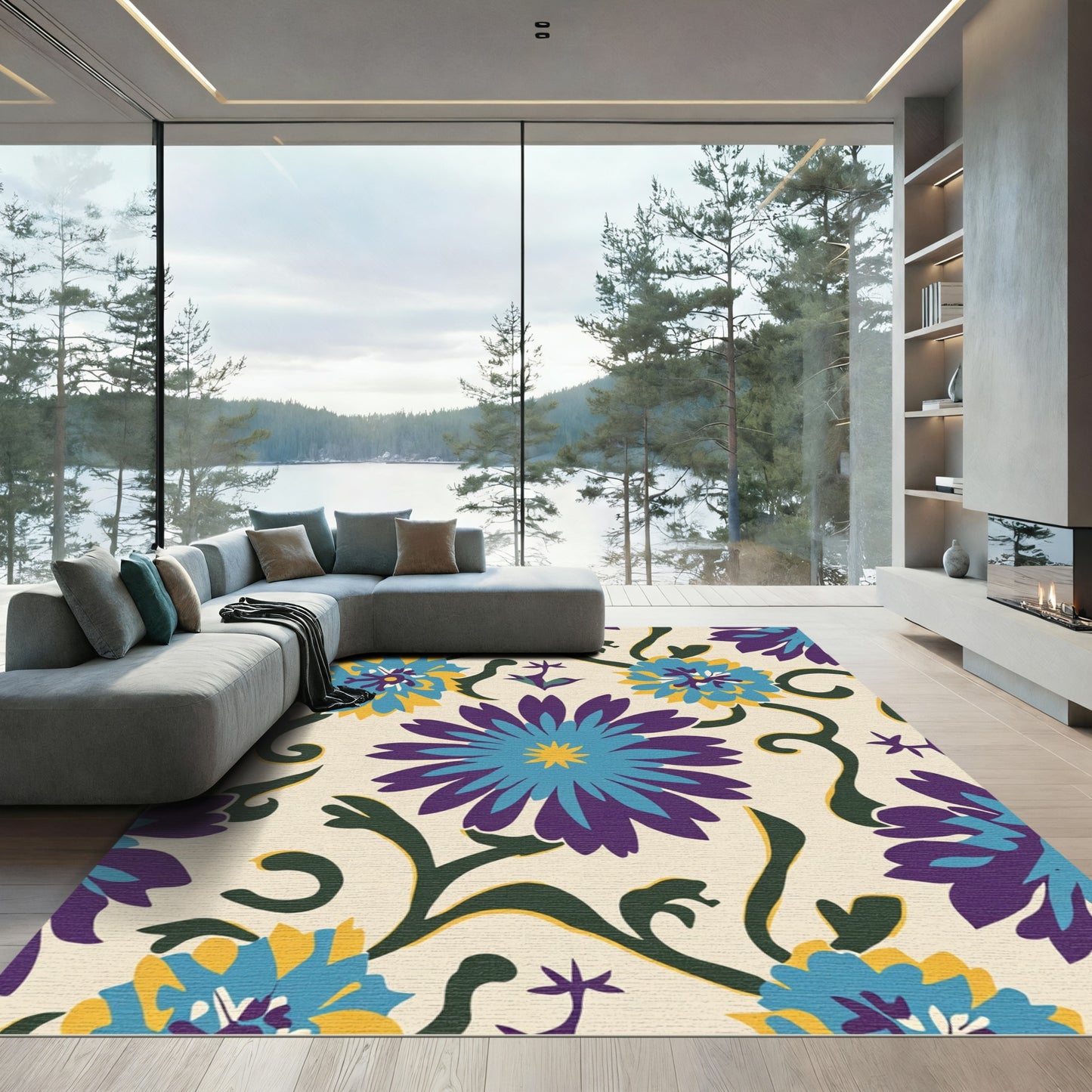 Bold Teal Purple Floral Vine Rug