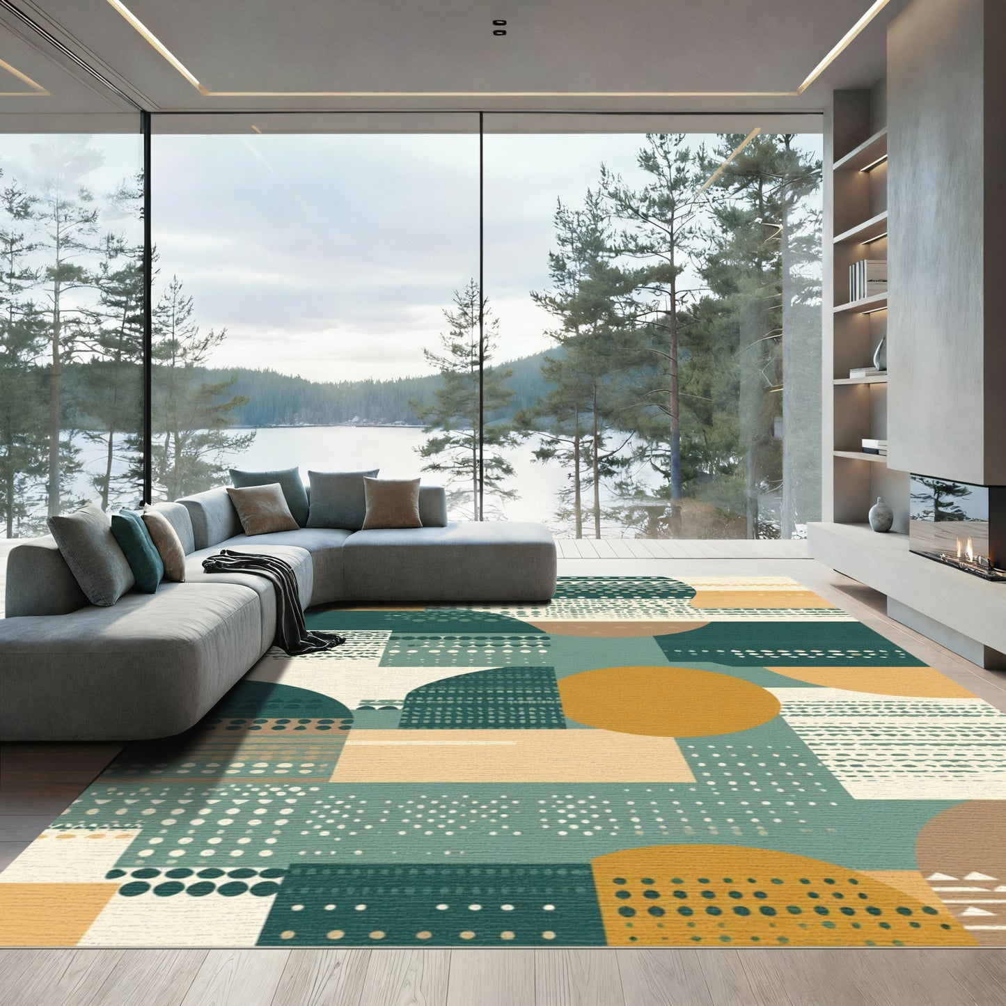 Abstract Circles And Rectangles In Ochre Teal Rug