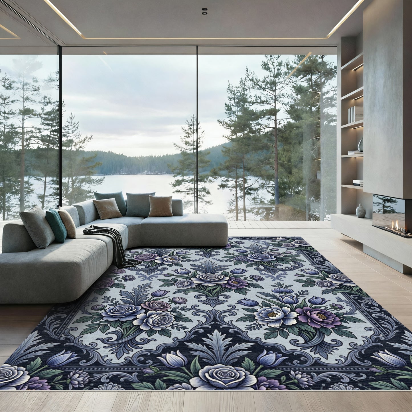 Elegant Blue Floral Damask Bouquet Rug