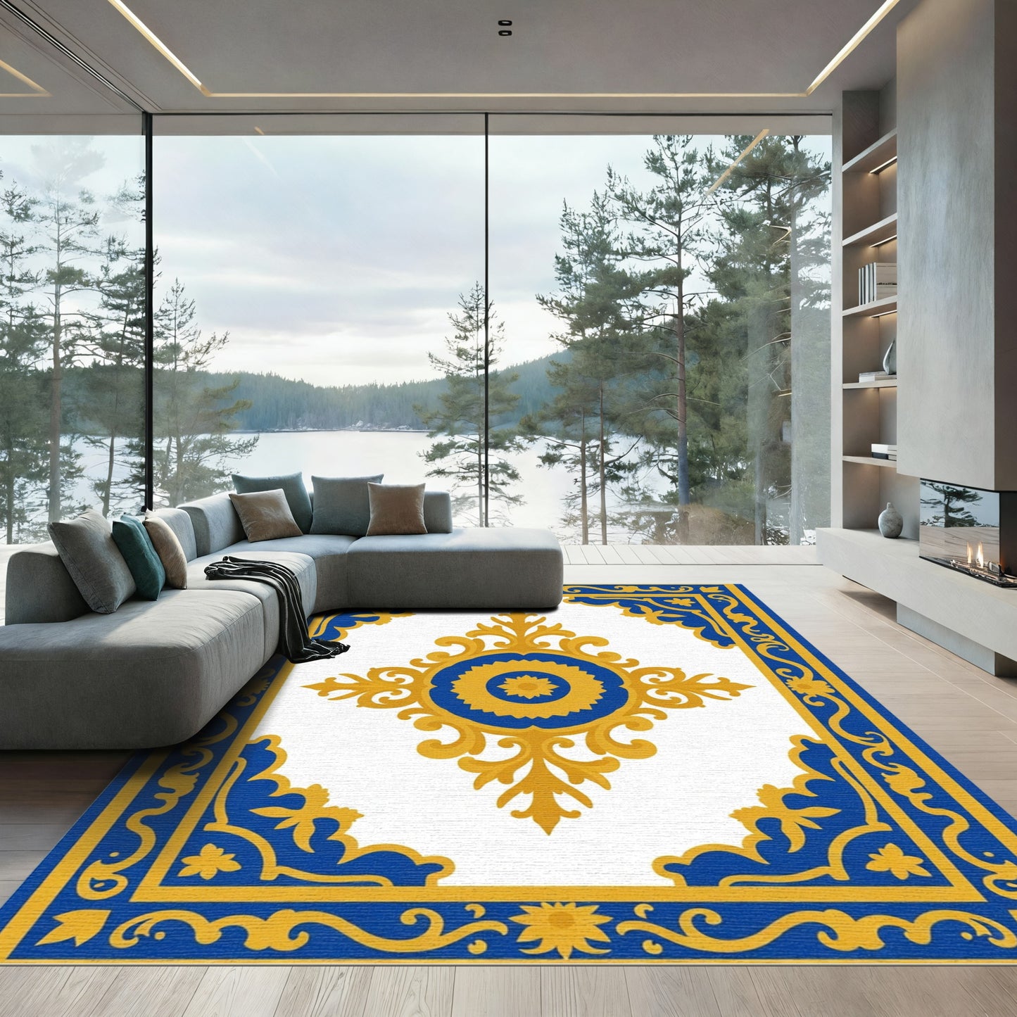 Golden Blue Floral Medallion Border Rug