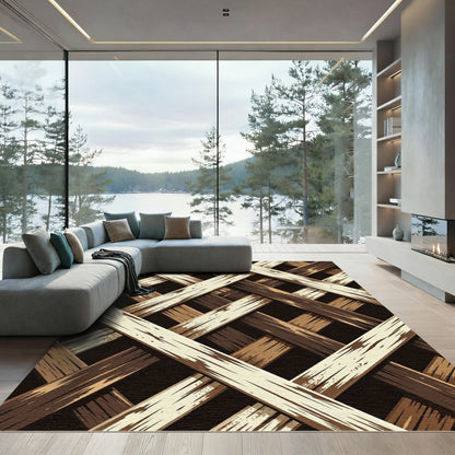 Rustic Brown Interwoven Wood Grain Weave Rug