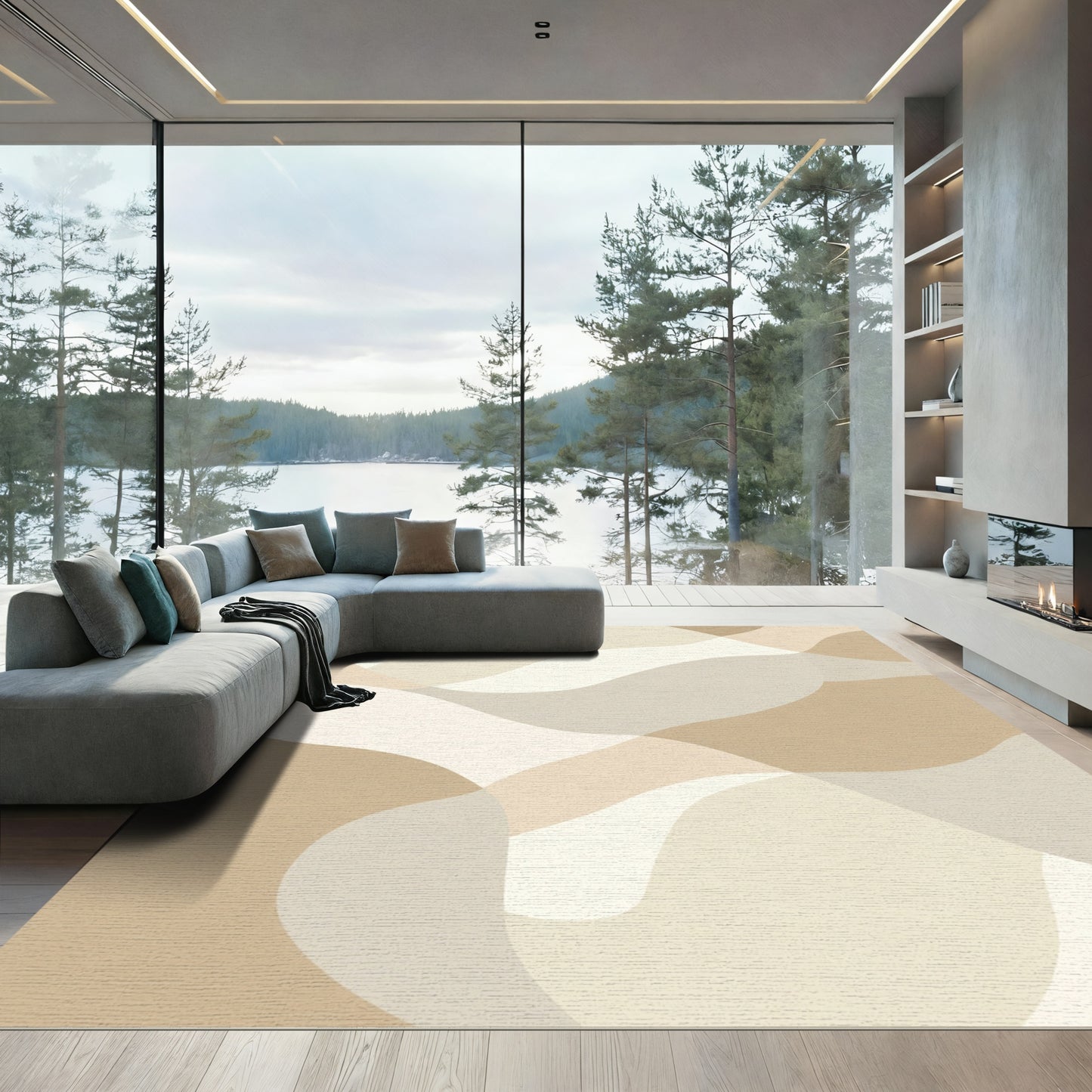 Neutral Earth Tones Abstract Waves Rug