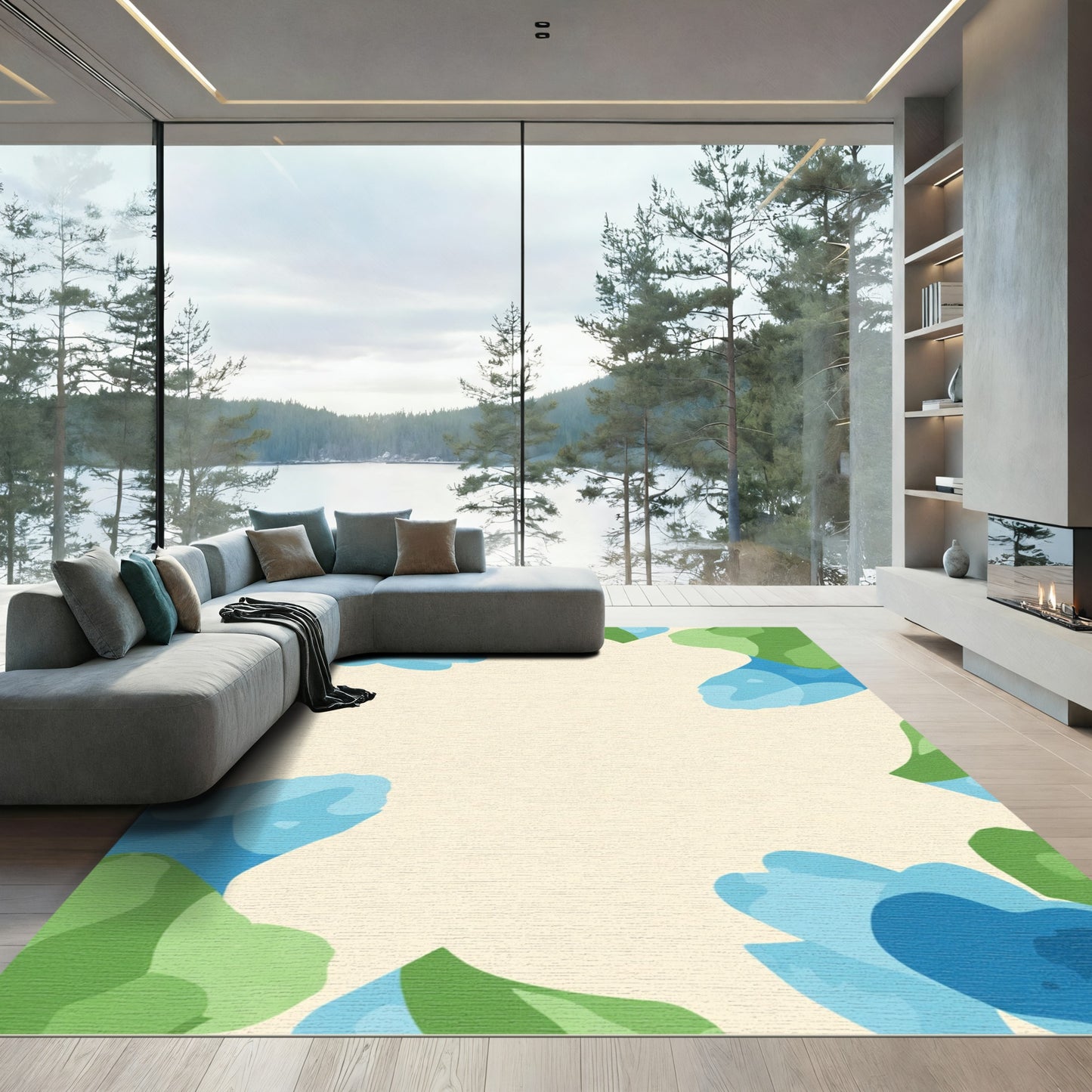 Abstract Blue Green Floral Border Rug