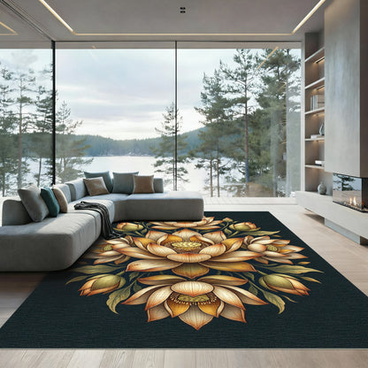 Elegant Golden Lotus Floral Medallion Rug