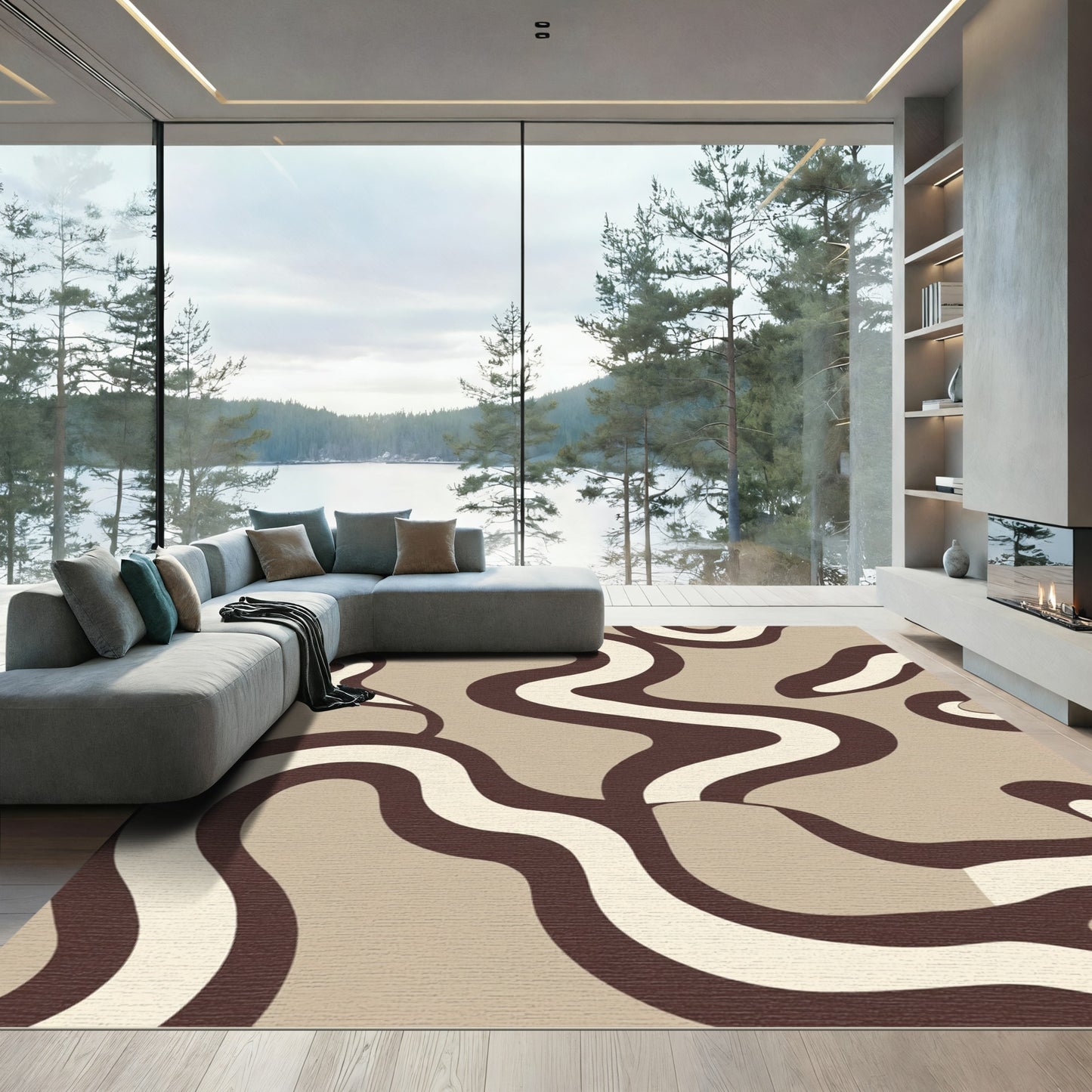 Retro Brown Cream Wavy Lines Rug