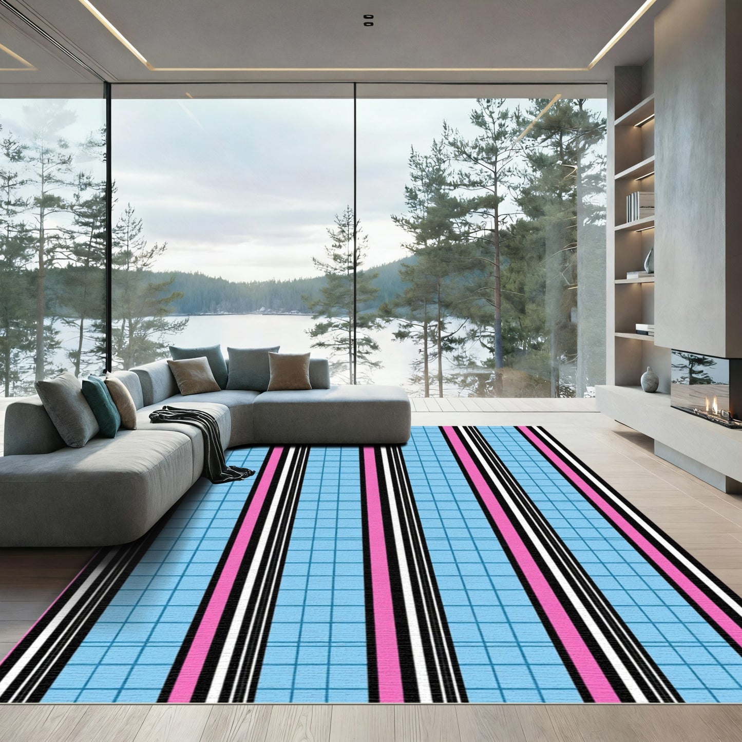 Pink Blue Black White Stripe Grid Rug