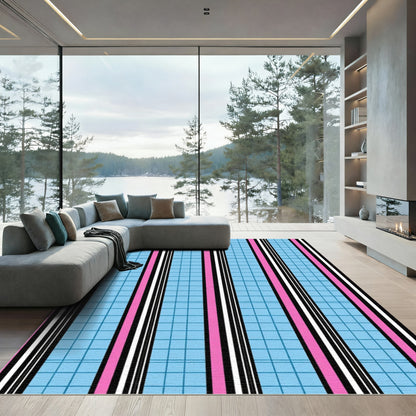 Pink Blue Black White Stripe Grid Rug