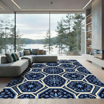 Navy Blue Geometric Floral Star Rug