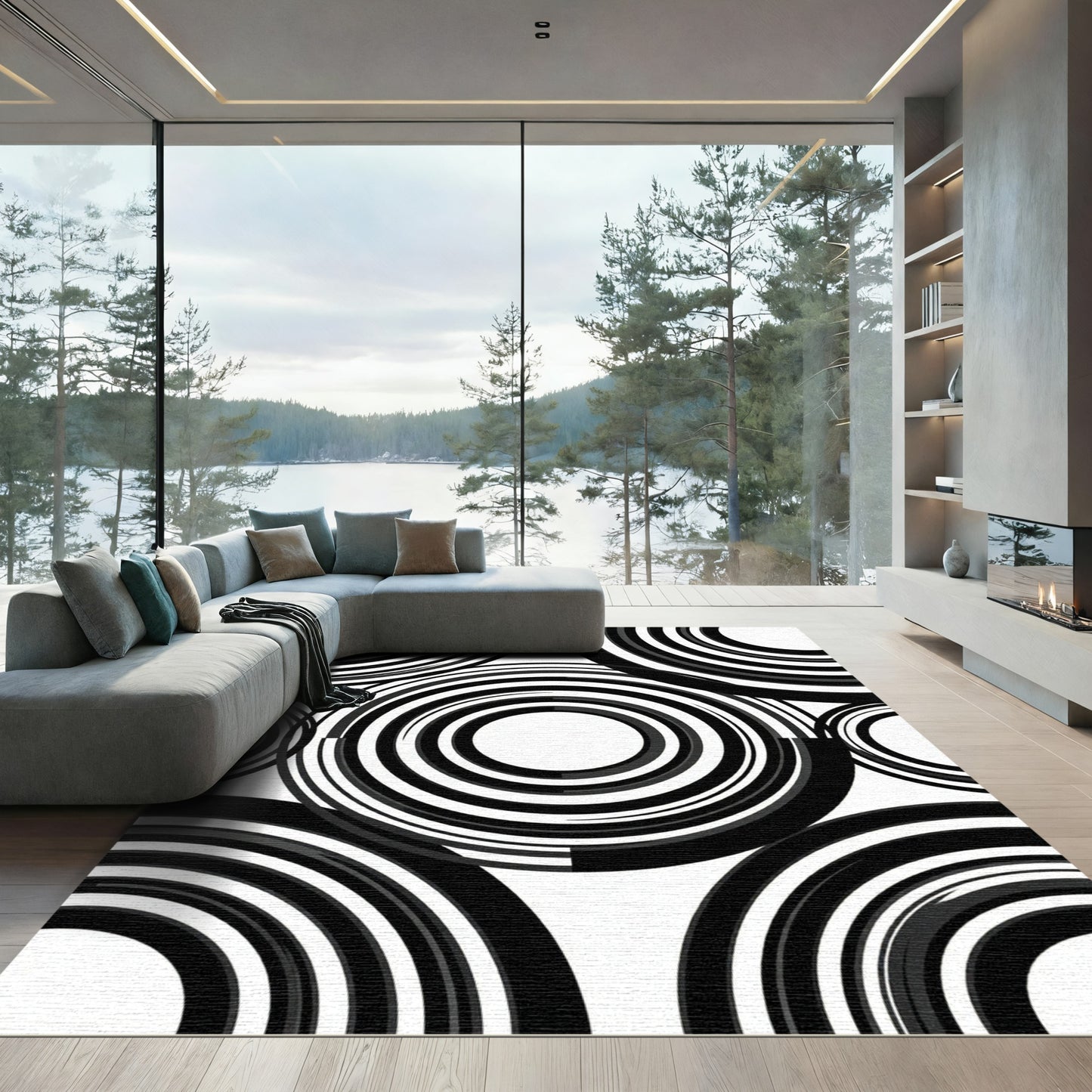 Modern Monochromatic Concentric Circle Art Rug