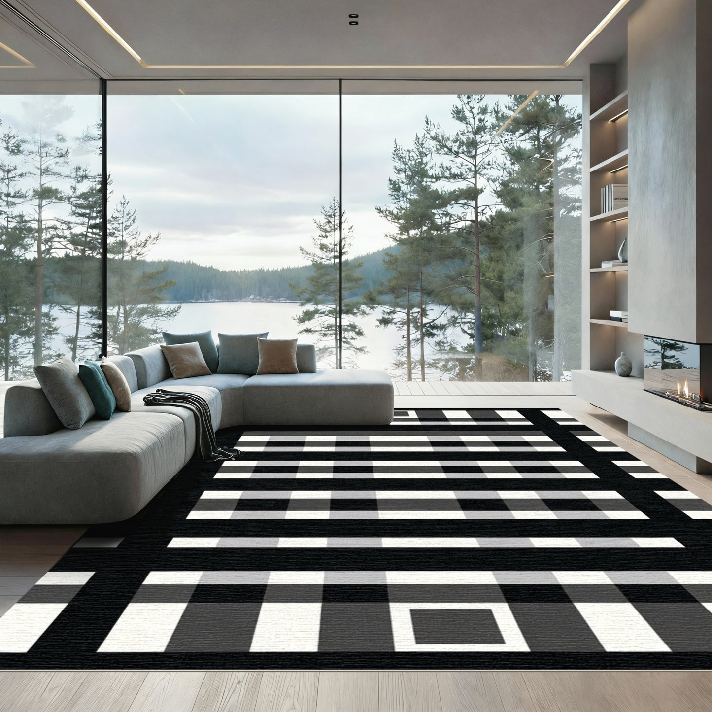Monochromatic Grid Checkered Blanket Rug