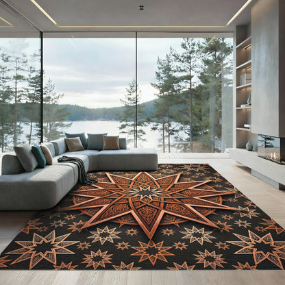 Ornate Bronze Celestial Geometric Star Rug