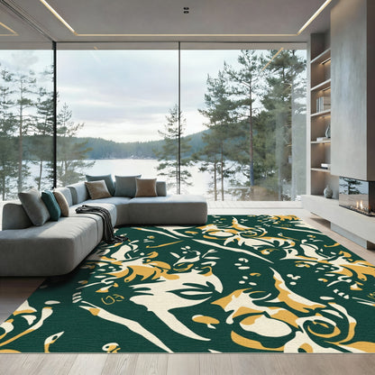Deep Emerald Forest Fauna Whimsical Rug