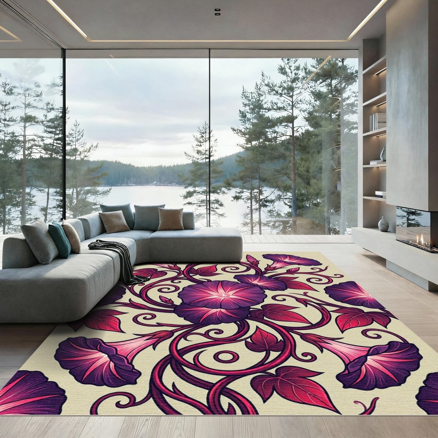 Vibrant Magenta Morning Glory Botanical Rug