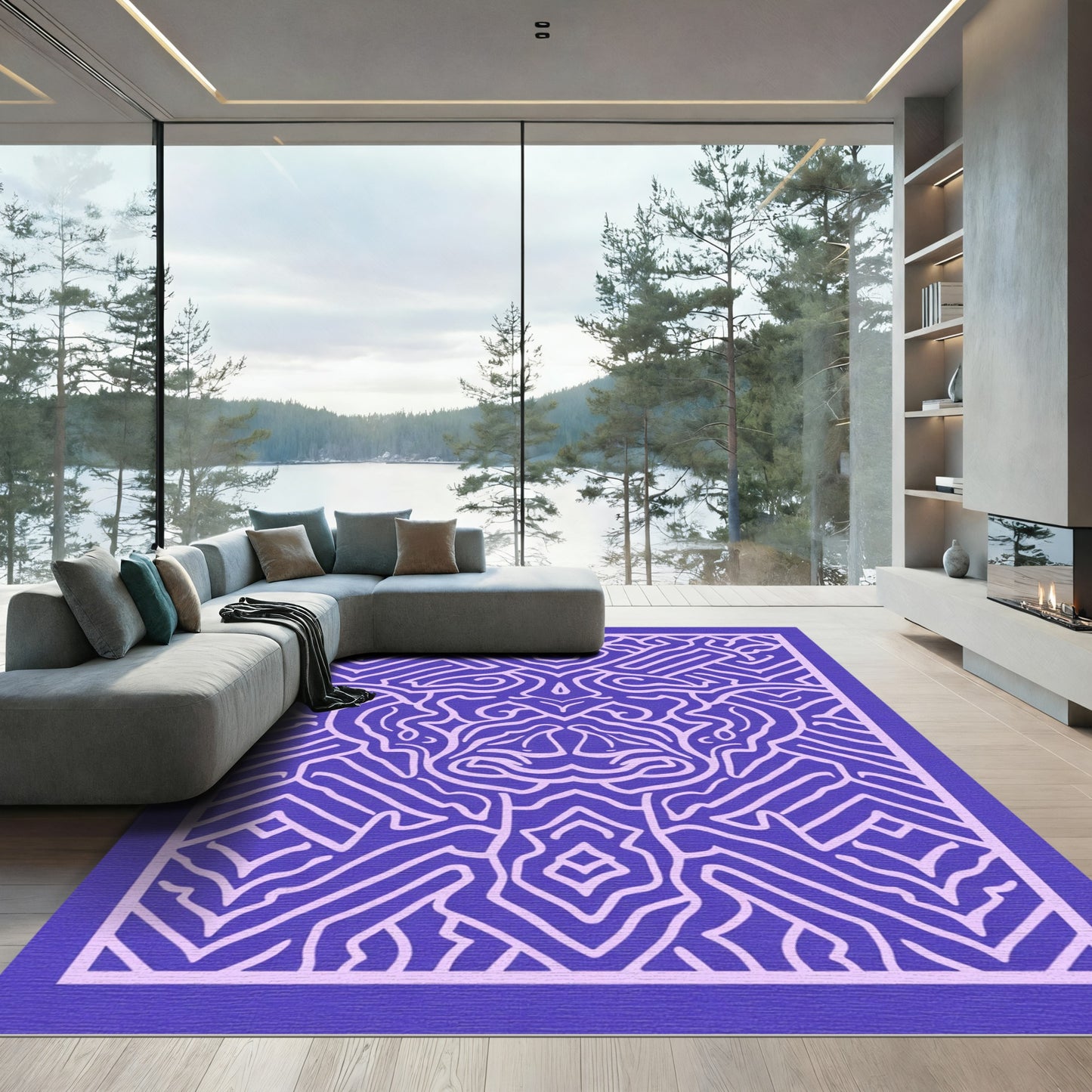Vibrant Violet Labyrinth Linework Rug