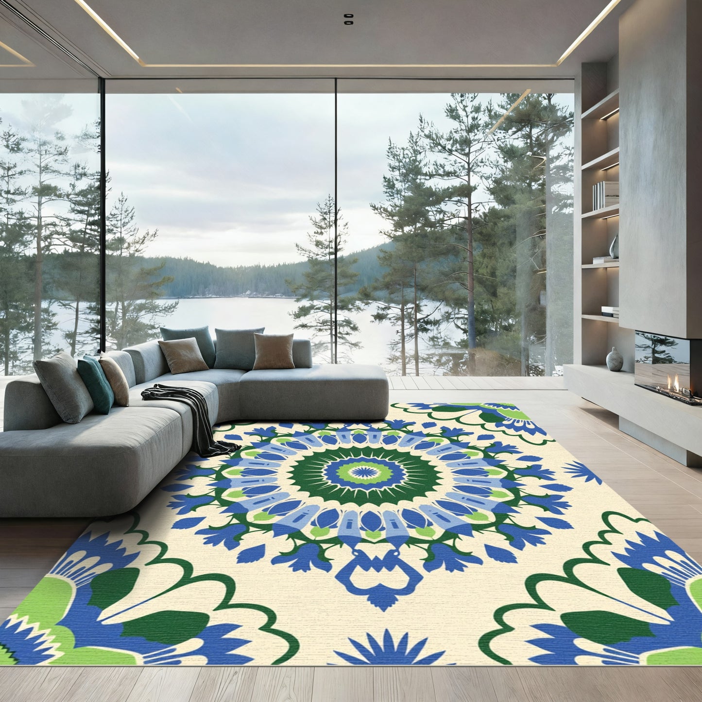Vibrant Blue Green Floral Medallion Rug