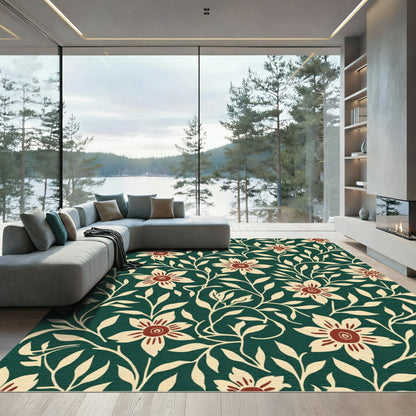 Deep Green Floral Vine Whimsical Rug