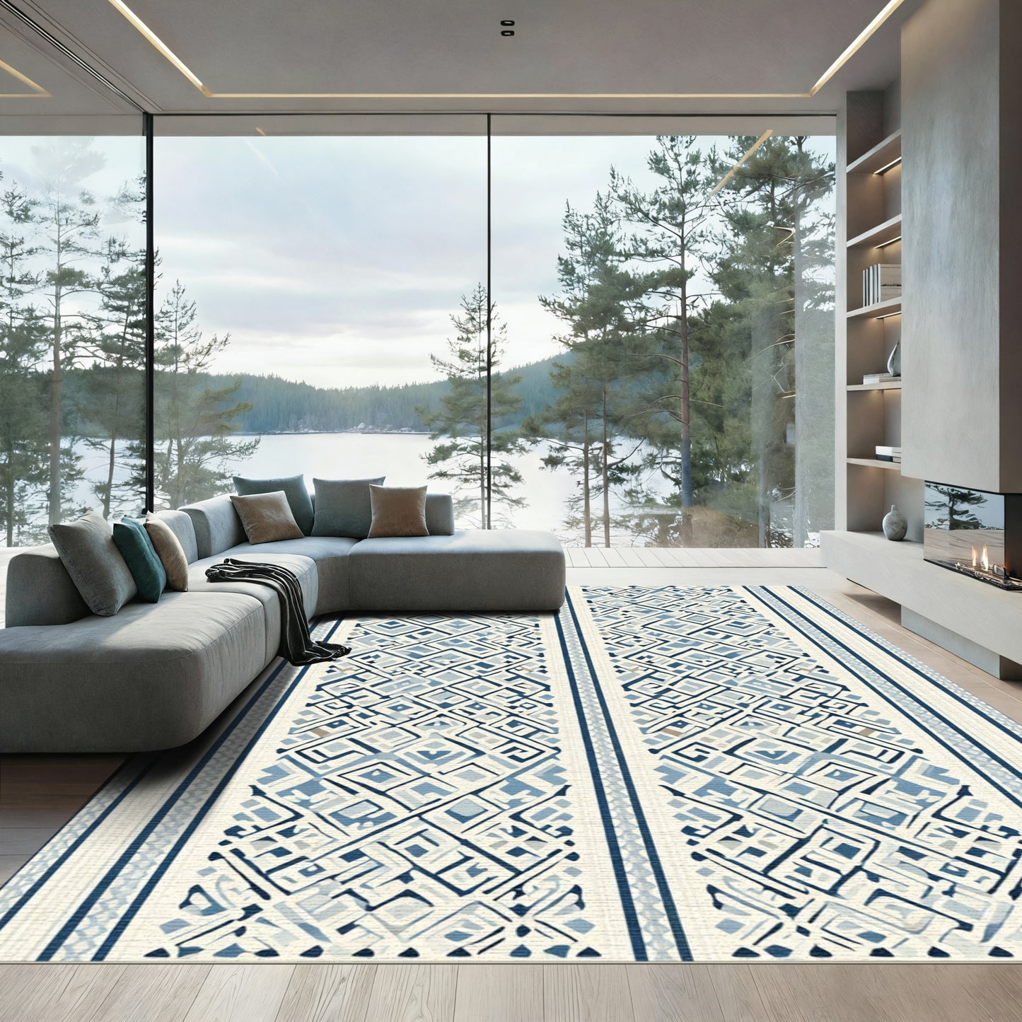 Indigo Blue Geometric Diamond Stripe Rug