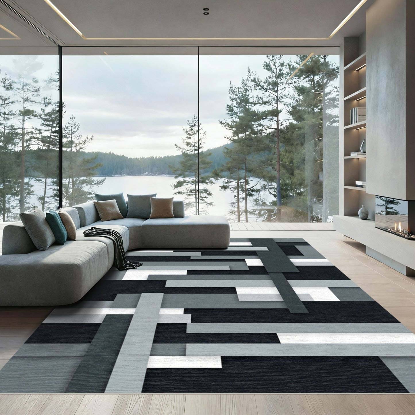 Modern Monochrome Layered Geometric Block Rug