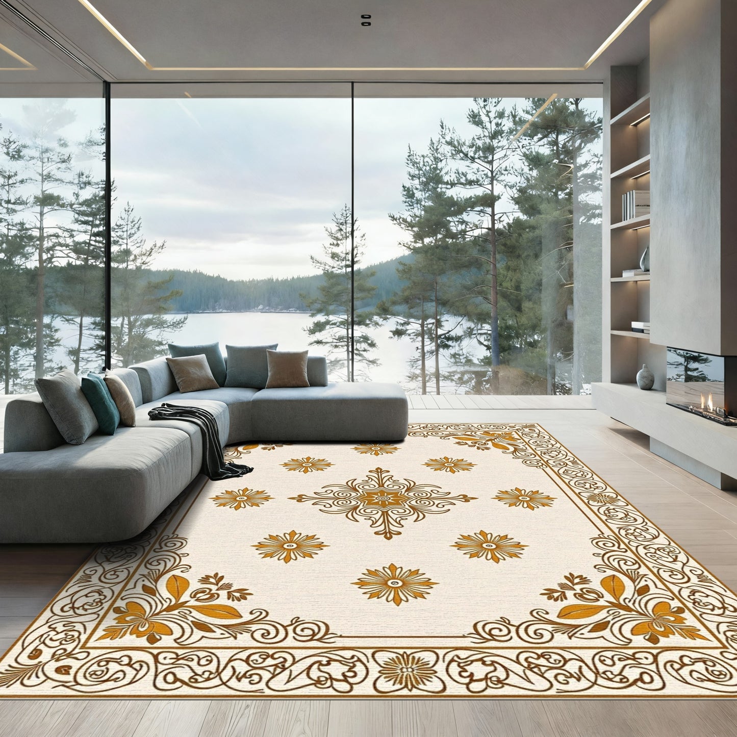 Ornate Gold Floral Medallion Frame Rug