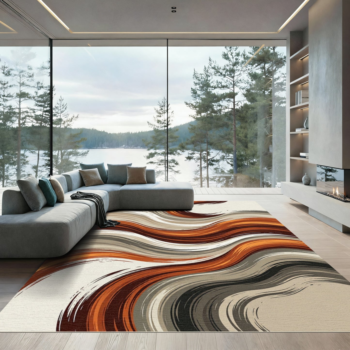Earthy Abstract Wavy Linear Swirl Rug