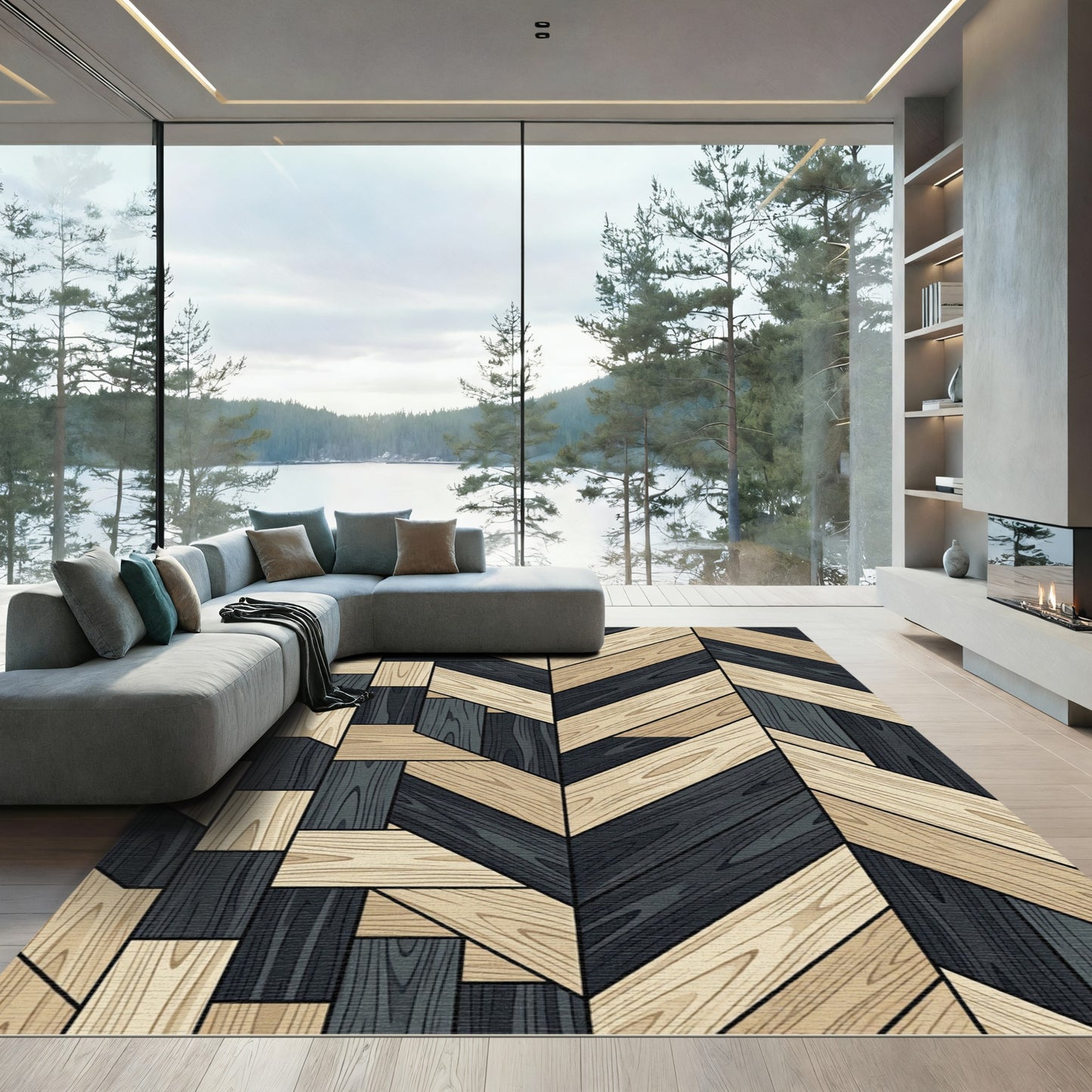 Wood Grain Chevron Geometric Composition Rug