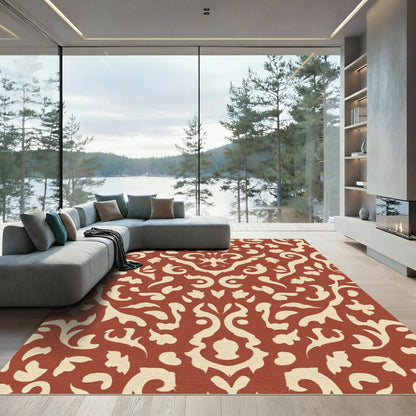 Terracotta Cream Scrollwork Damask Rug