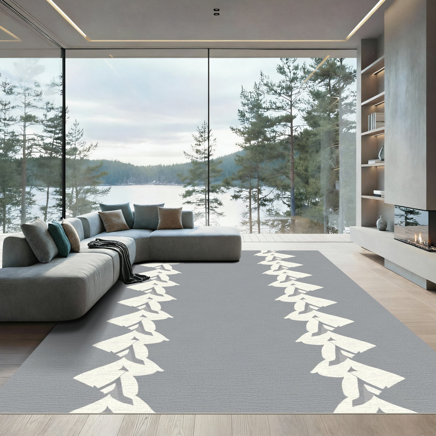 Gray Cream Vertical Cascading Leaf Rug