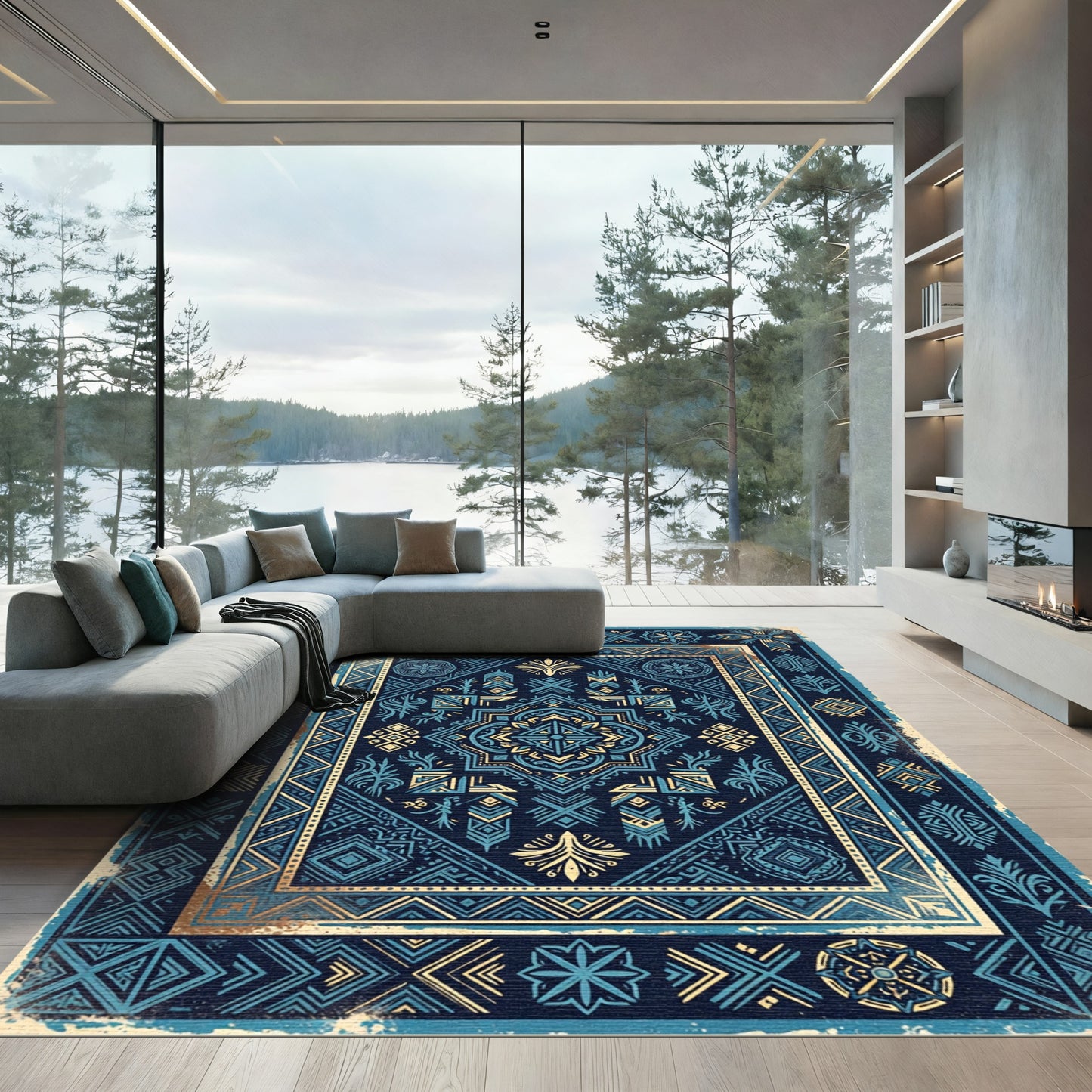Deep Blue Golden Geometric Medallion Rug