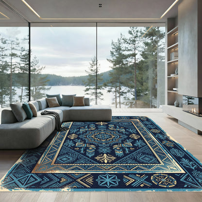 Deep Blue Golden Geometric Medallion Rug