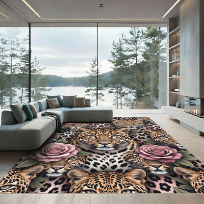 Leopard and Dusty Rose Floral Rug