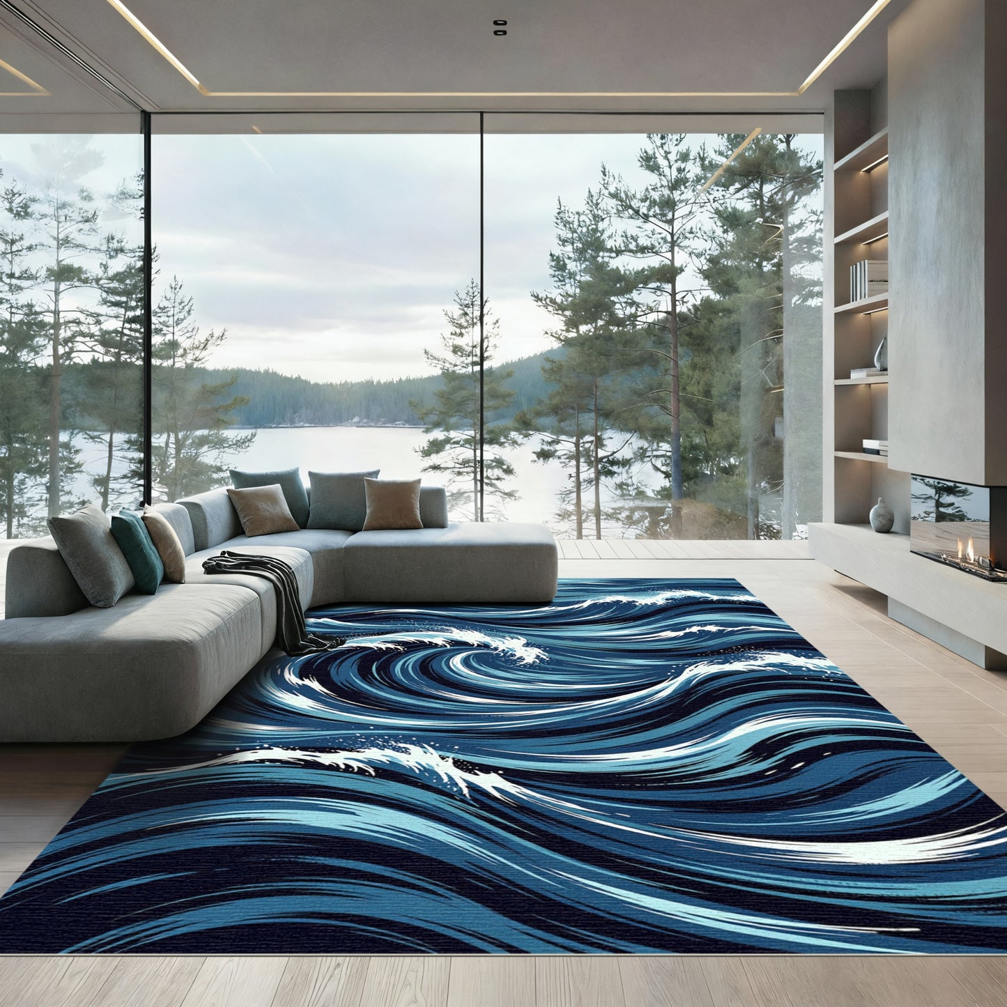 Deep Blue Ocean Wave Strokes Rug