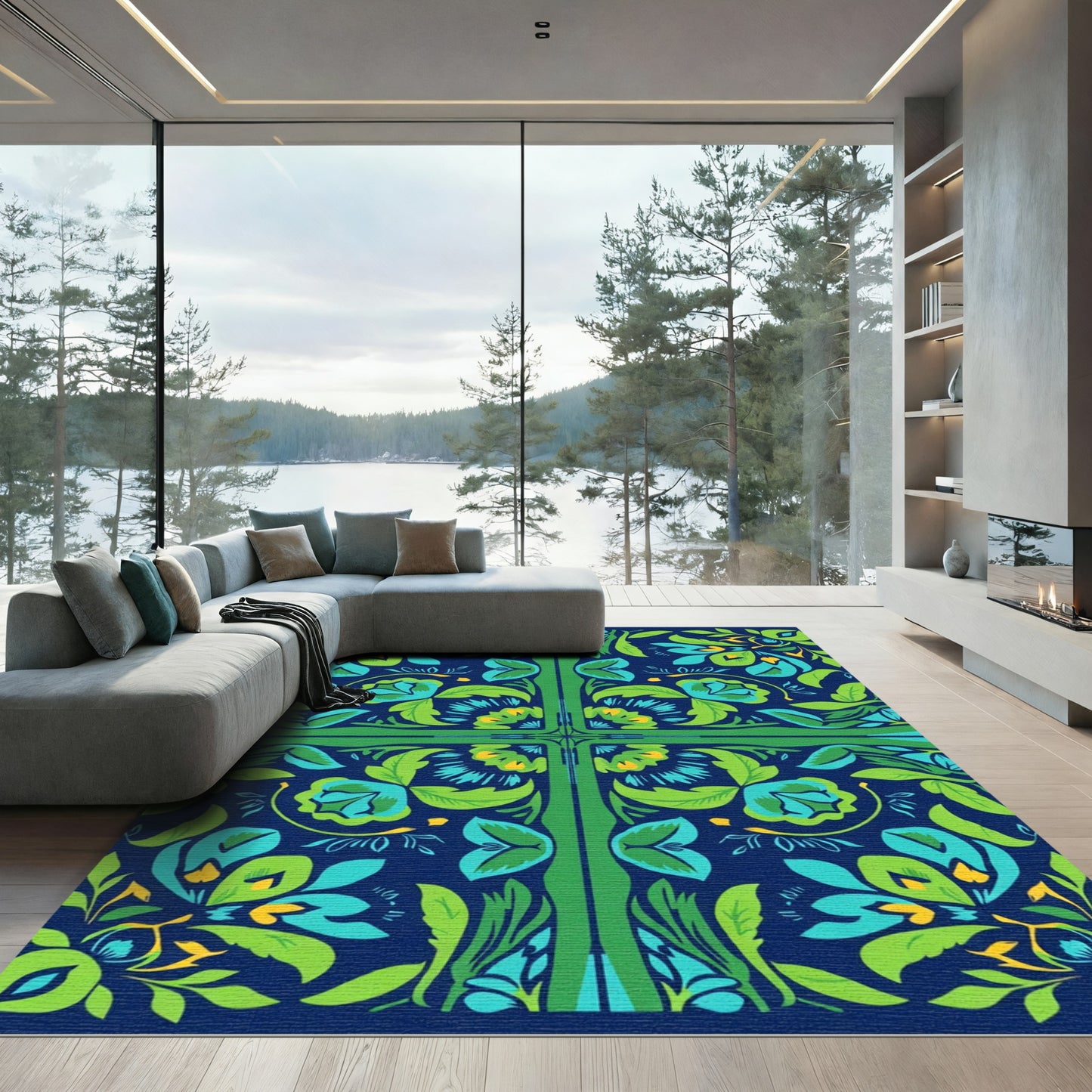 Vibrant Blue Green Floral Medallion Rug