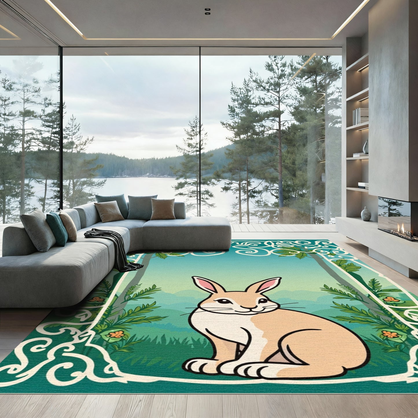 Whimsical Forest Bunny Ornate Border Rug