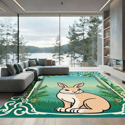 Whimsical Forest Bunny Ornate Border Rug